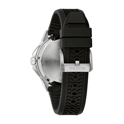 Bulova Men's Marine Star Quartz Stainless Steel Watch with Yellow Dial & Black Silicone Strap close-up detail