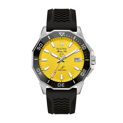 Bulova Men's Marine Star Quartz Stainless Steel Watch with Yellow Dial & Black Silicone Strap