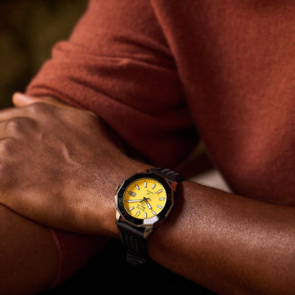 Bulova Men's Marine Star Quartz Stainless Steel Watch with Yellow Dial & Black Silicone Strap side profile