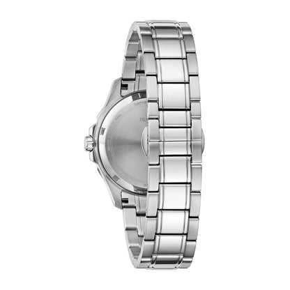 Bulova Ladies' Marine Star Quartz Stainless Steel Watch with Diamond Accent Light Blue Mother of Pearl Dial close-up detail