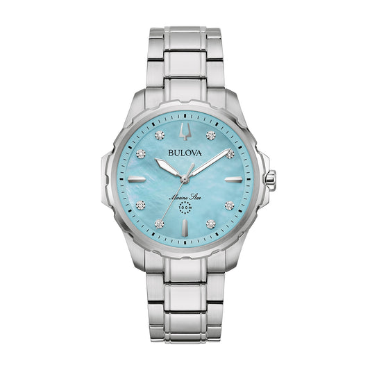 Bulova Ladies' Marine Star Quartz Stainless Steel Watch with Diamond Accent Light Blue Mother of Pearl Dial