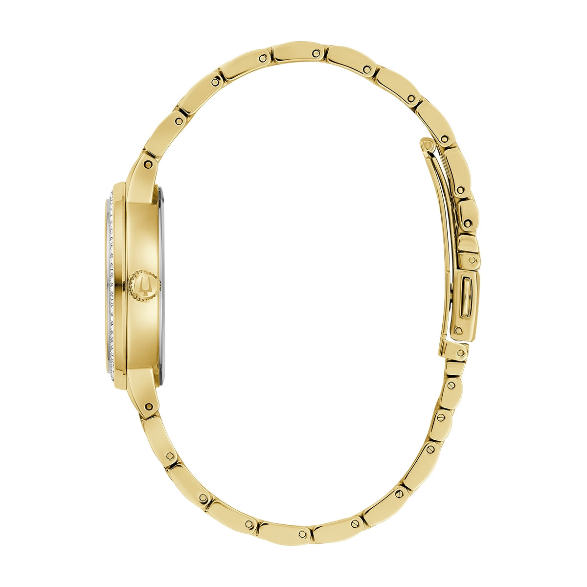 Bulova Ladies' Phantom Quartz Gold-Tone Stainless Steel Watch with Crystal Accent Champagne Dial front view