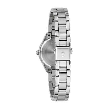 Bulova Ladies' Sutton Quartz Stainless Steel Watch with Diamond Accent Pink Dial close-up detail
