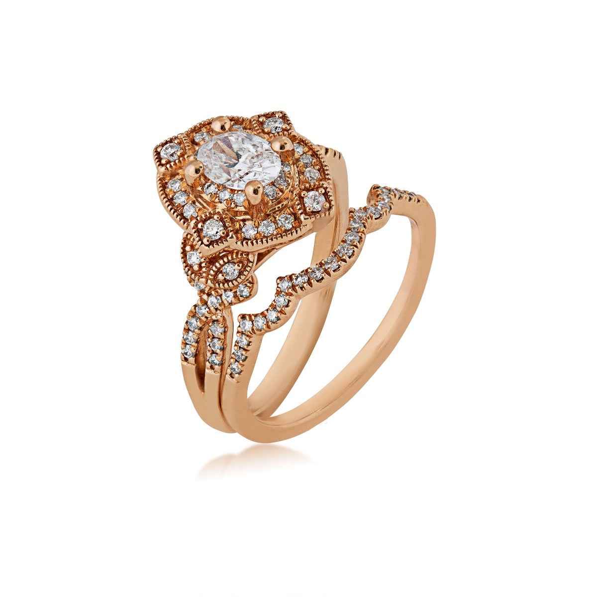 Elegance Collection 7/8 ct. tw. Oval Vintage-Inspired Wedding Set with Milgrain Detailing in 14K Pink Gold close-up detail