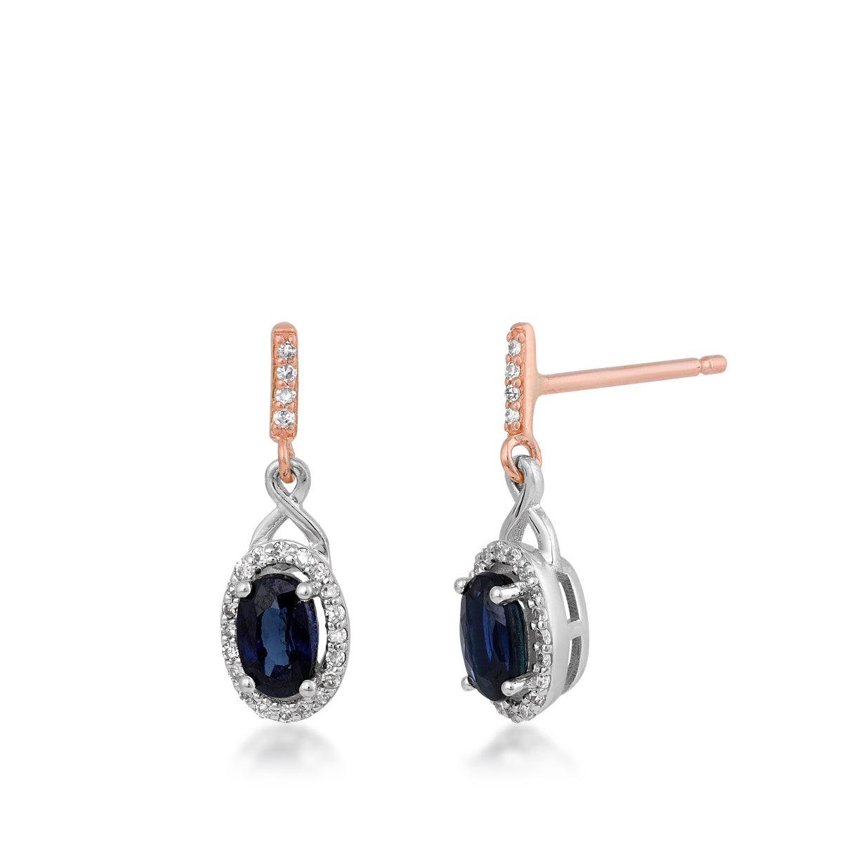 Oval Sapphire & 1-1/10 ct. tw. Diamond Halo Dangle Earrings in 10K White & Pink Gold