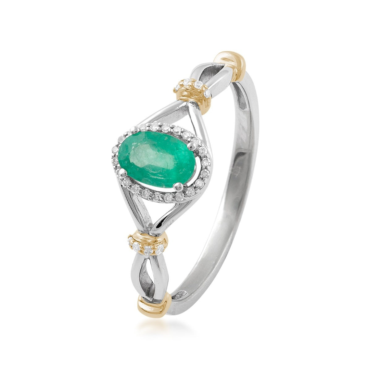 Oval Emerald & 1/10 ct. tw. Diamond Halo Ring in 10K White & Yellow Gold front view