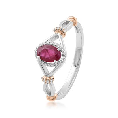 Oval Ruby & 1/10 ct. tw. Diamond Halo Ring in 10K White & Pink Gold front view