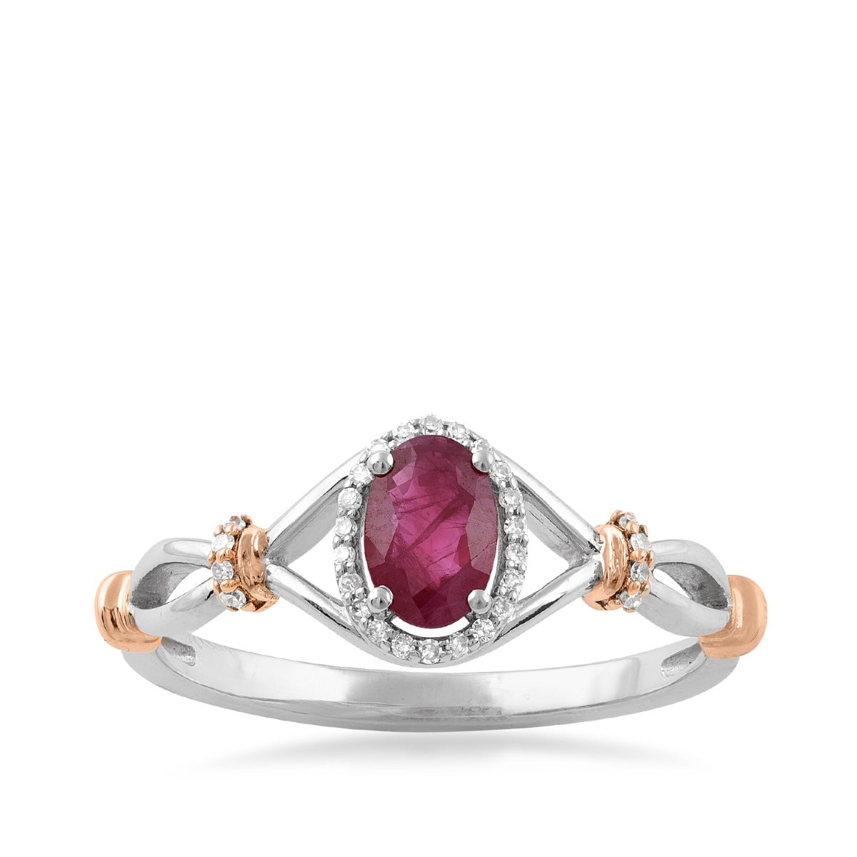 Oval Ruby & 1/10 ct. tw. Diamond Halo Ring in 10K White & Pink Gold