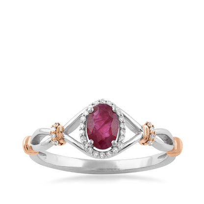 Oval Ruby & 1/10 ct. tw. Diamond Halo Ring in 10K White & Pink Gold