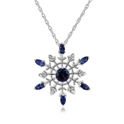 Created Round & Marquise Sapphire & Genuine White Topaz Snowflake Pendant in Sterling Silver
