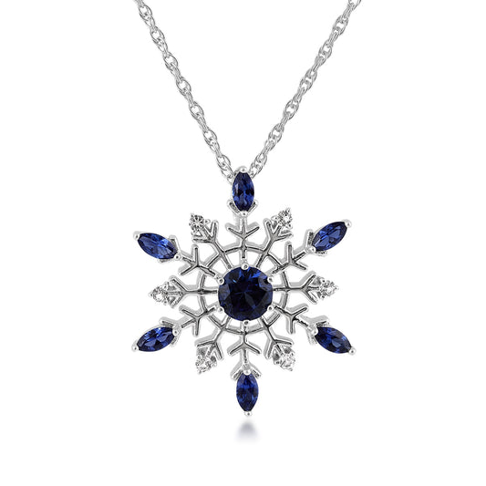 Created Round & Marquise Sapphire & Genuine White Topaz Snowflake Pendant in Sterling Silver