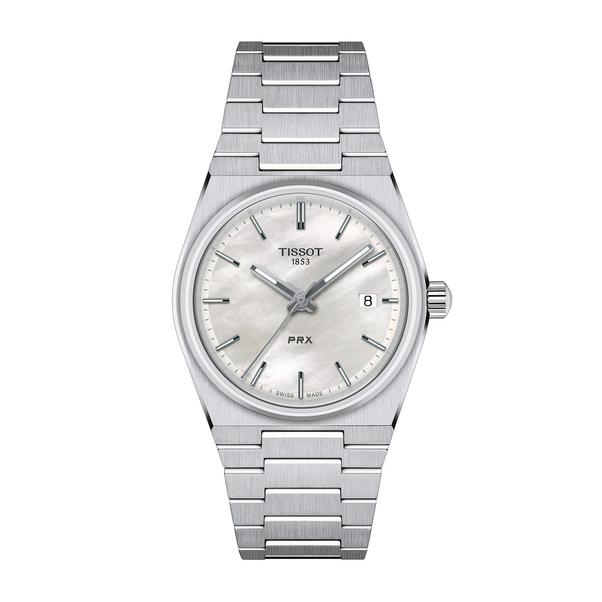 stainless steel men's Tissot quartz watch with mother-of-pearl dial