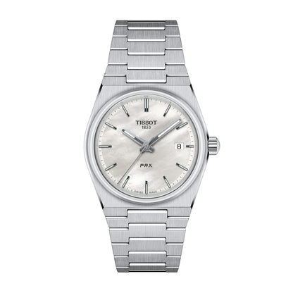 stainless steel men's Tissot quartz watch with mother-of-pearl dial