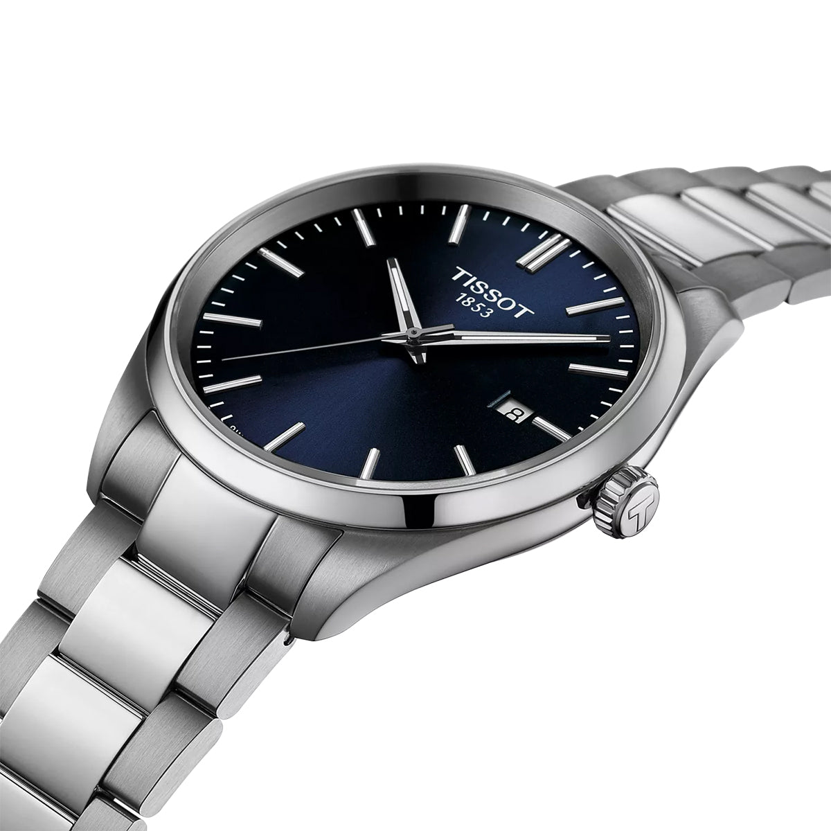 stainless steel men's Tissot quartz watch with blue dial