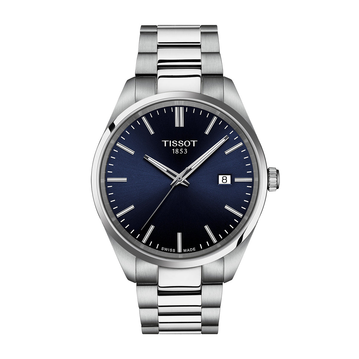 stainless steel men's Tissot quartz watch with blue dial