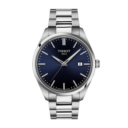 stainless steel men's Tissot quartz watch with blue dial