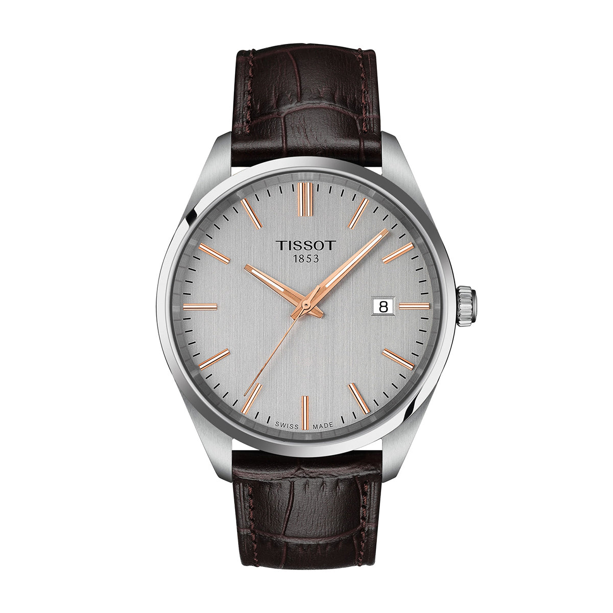stainless steel men's Tissot quartz watch with silver dial and brown leather strap