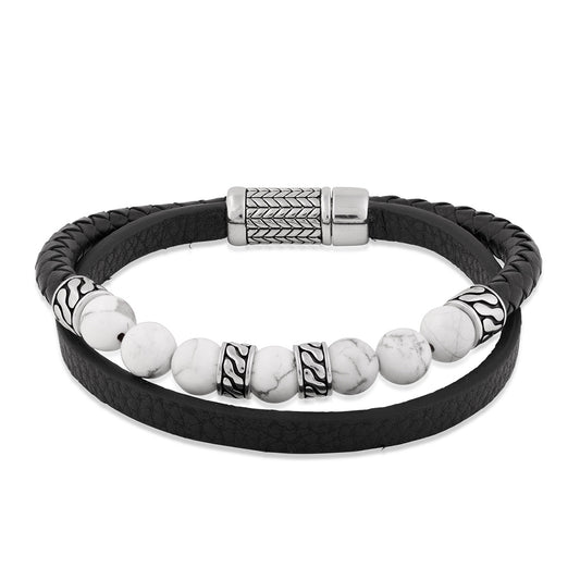 Men's White Howlite Bead 8.5-inch Leather Cord Bracelet in Sterling Silver