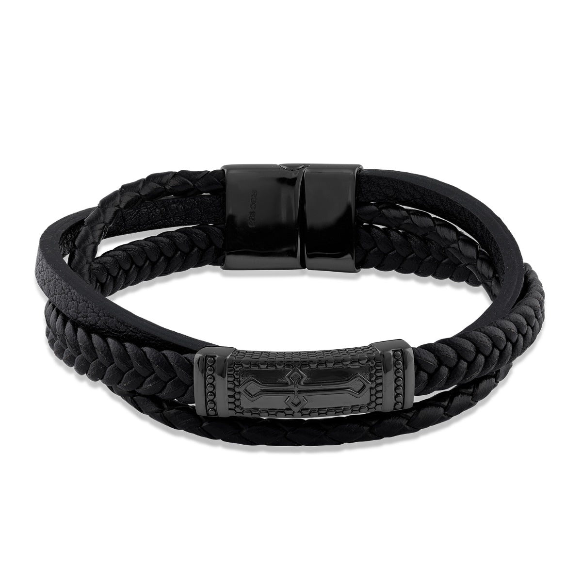 Men's Cross Plate Multi Strap Bracelet in Black Sterling Silver