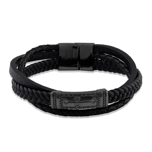 Men's Cross Plate Multi Strap Bracelet in Black Sterling Silver