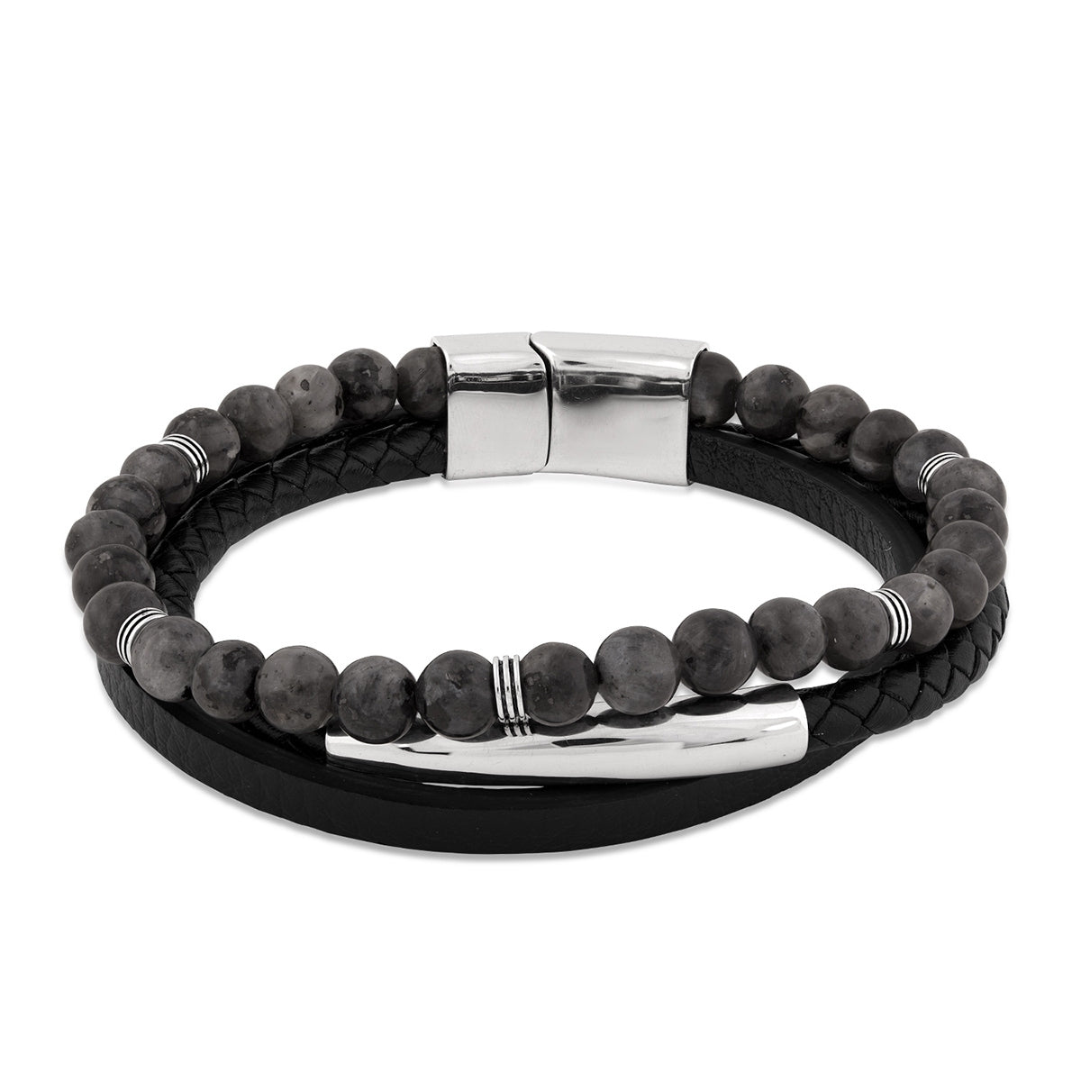 Men's Black Labradorite Bead 8.5-inch Leather Cord Bracelet in Sterling Silver