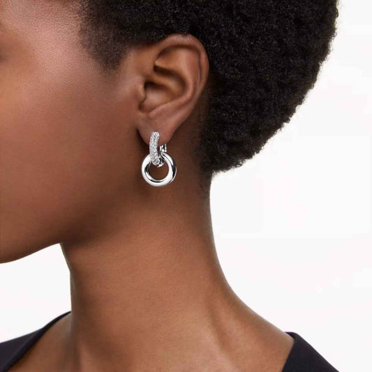 Swarovski Dextera Round White Crystal Alternating Interlocked Hoop Earrings in White Rhodium Plating front view