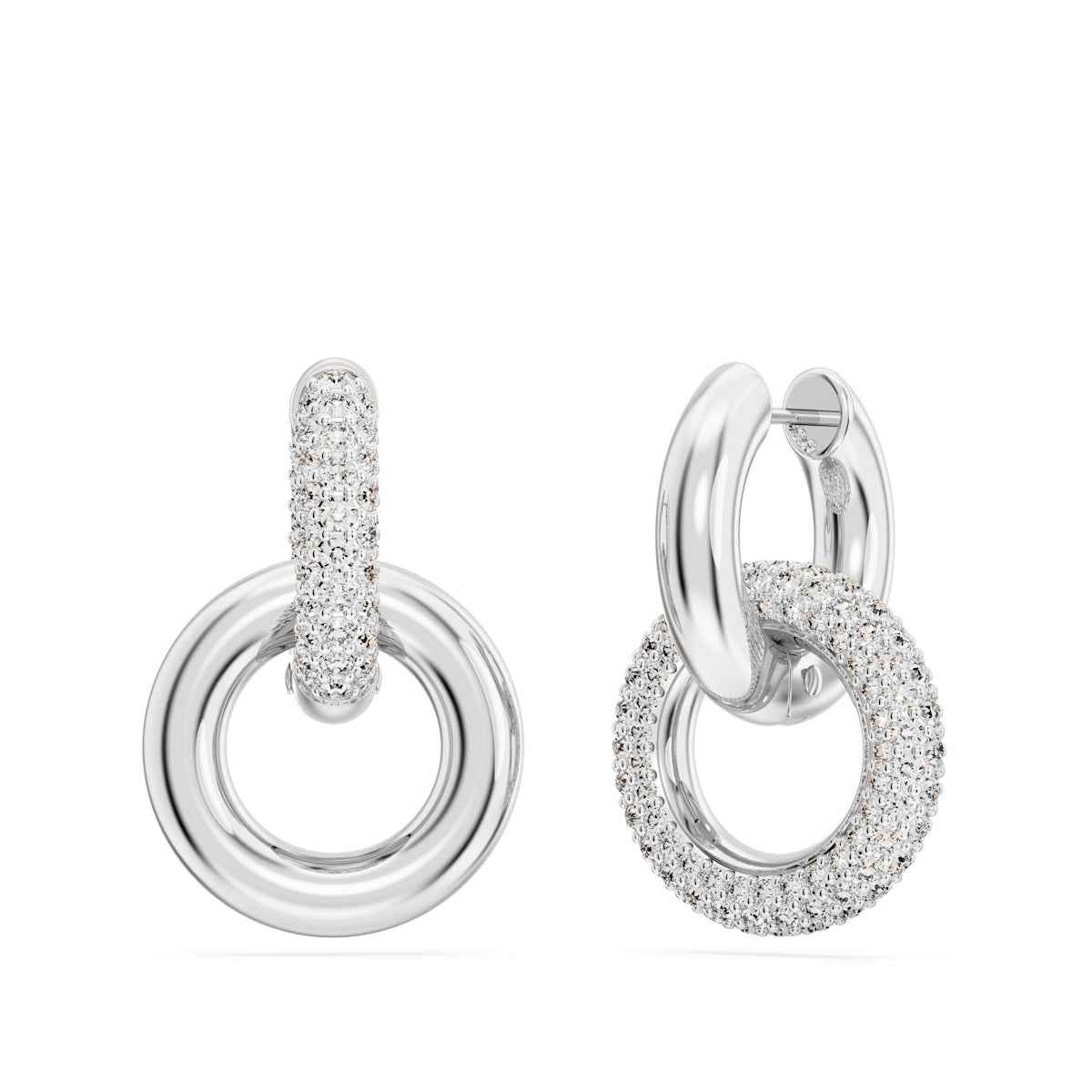 Swarovski Dextera Round White Crystal Alternating Interlocked Hoop Earrings in White Rhodium Plating