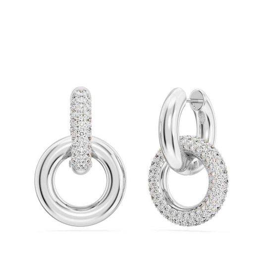 Swarovski Dextera Round White Crystal Alternating Interlocked Hoop Earrings in White Rhodium Plating