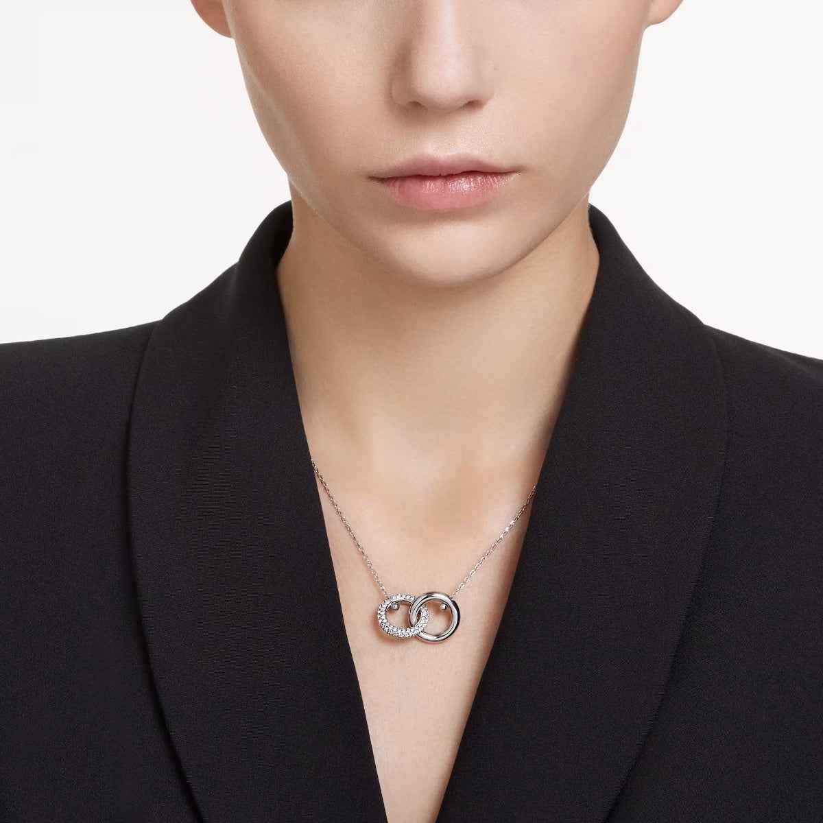 Swarovski Dextera Round White Crystal Interlocked Circle Necklace in White Rhodium Plating close-up detail