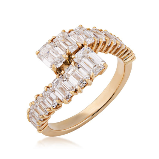 Sirus Tanya 2-7/8 ct. tw. Emerald Cut Diamond Graduated Bypass Ring in 18K Yellow Gold front view