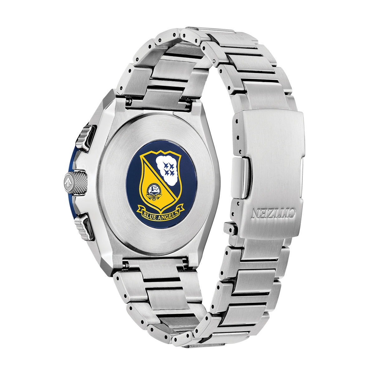 Citizen Men's Eco-Drive Blue Angels Promaster Stainless Steel Watch with Black Dial close-up detail
