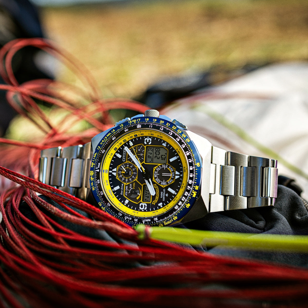Citizen Men's Eco-Drive Blue Angels Promaster Stainless Steel Watch with Black Dial side profile