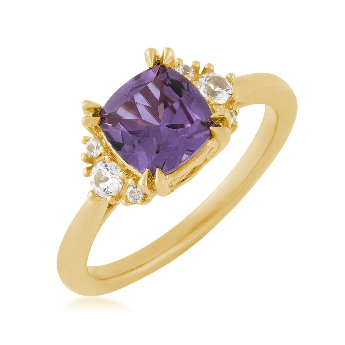 Created Cushion Alexandrite & White Sapphire Ring in 10K Yellow Gold front view