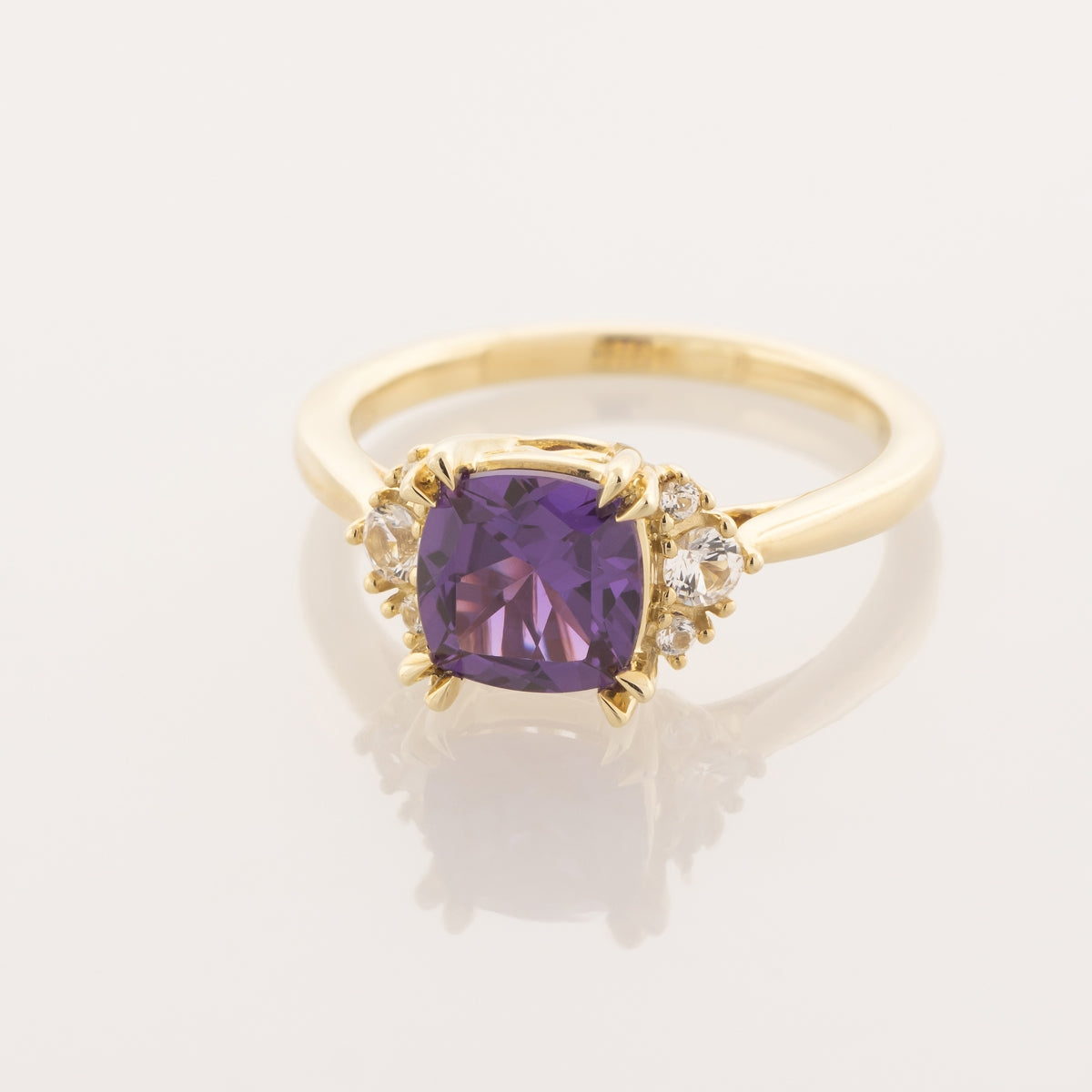 Created Cushion Alexandrite & White Sapphire Ring in 10K Yellow Gold close-up detail