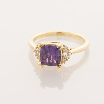 Created Cushion Alexandrite & White Sapphire Ring in 10K Yellow Gold close-up detail