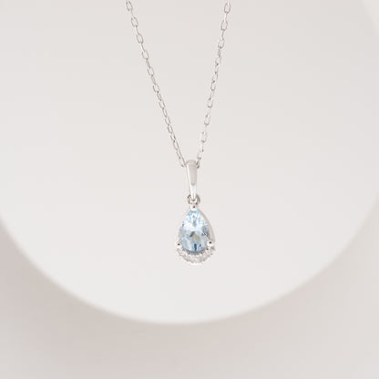 Pear Aquamarine & Diamond Accent Pendant in 10K White Gold front view