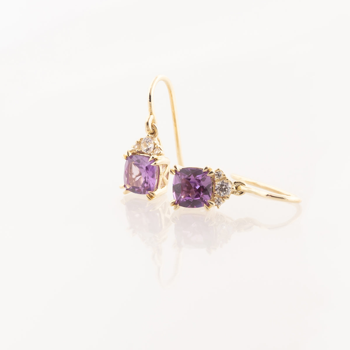 Created Cushion Alexandrite & White Sapphire Dangle Earrings in 10K Yellow Gold front view