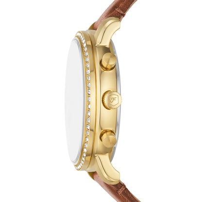 gold-tone stainless steel ladies' Fossil Neutra watch with mother-of-pearl dial and brown leather strap