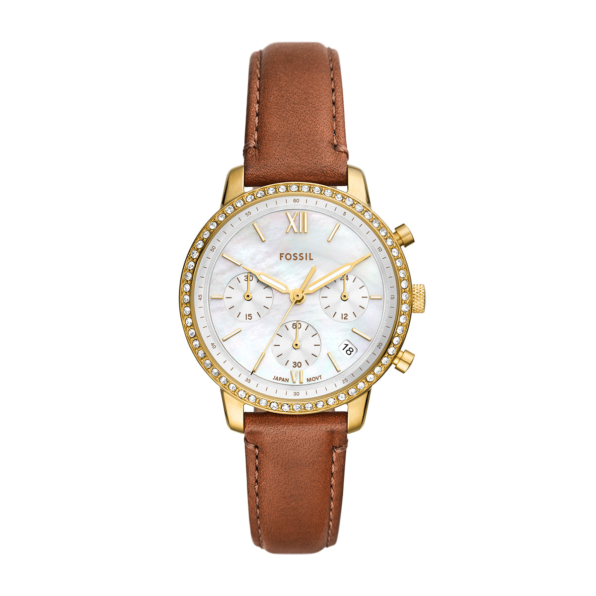 gold-tone stainless steel ladies' Fossil Neutra watch with mother-of-pearl dial and brown leather strap