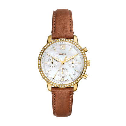 gold-tone stainless steel ladies' Fossil Neutra watch with mother-of-pearl dial and brown leather strap
