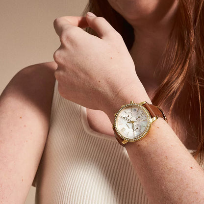 gold-tone stainless steel ladies' Fossil Neutra watch with mother-of-pearl dial and brown leather strap
