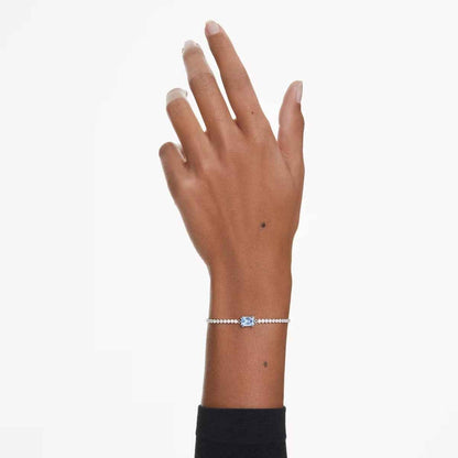 Swarovski Matrix Emerald Cut Blue & Round White Crystal Bolo Bracelet in White Rhodium Plating front view