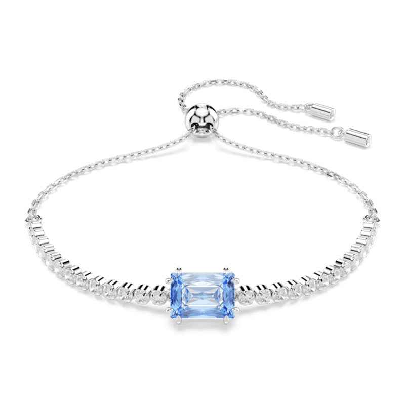 Swarovski Matrix Emerald Cut Blue & Round White Crystal Bolo Bracelet in White Rhodium Plating