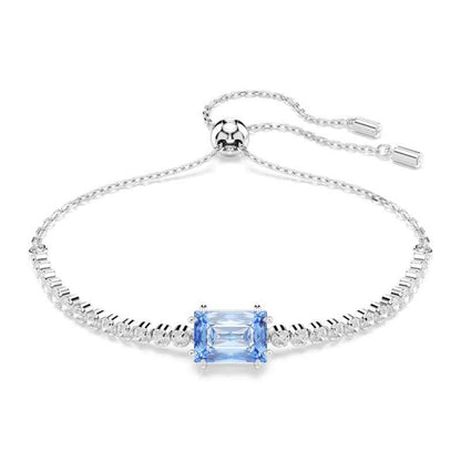 Swarovski Matrix Emerald Cut Blue & Round White Crystal Bolo Bracelet in White Rhodium Plating