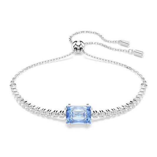 Swarovski Matrix Emerald Cut Blue & Round White Crystal Bolo Bracelet in White Rhodium Plating