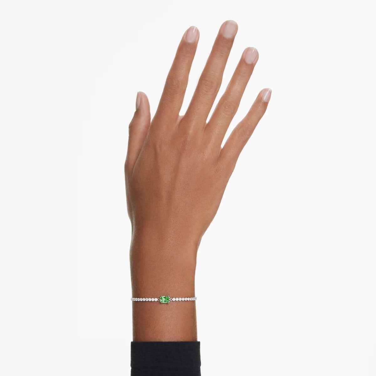 Swarovski Matrix Emerald Cut Green & Round White Crystal Bolo Bracelet in White Rhodium Plating front view