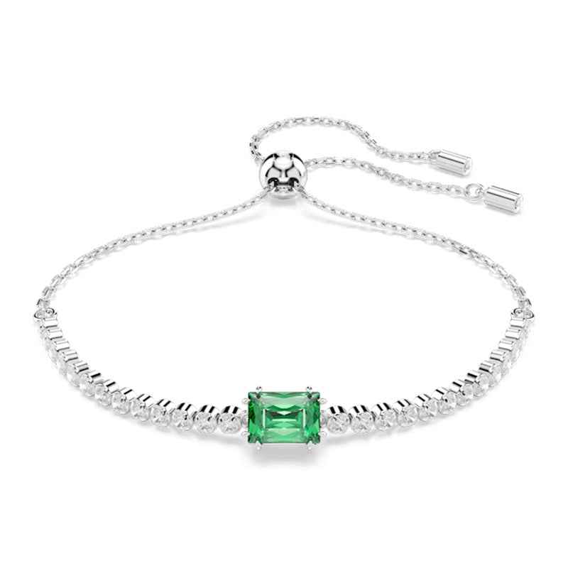 Swarovski Matrix Emerald Cut Green & Round White Crystal Bolo Bracelet in White Rhodium Plating