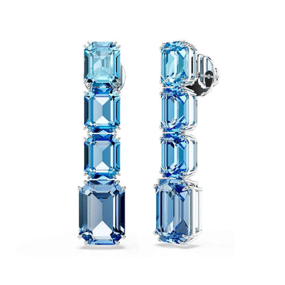 Swarovski Millenia Emerald Cut Blue Crystal Dangle Earrings in White Rhodium Plating