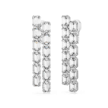 Swarovski Millenia Emerald Cut White Crystal Clip On Dangle Earrings in White Rhodium Plating