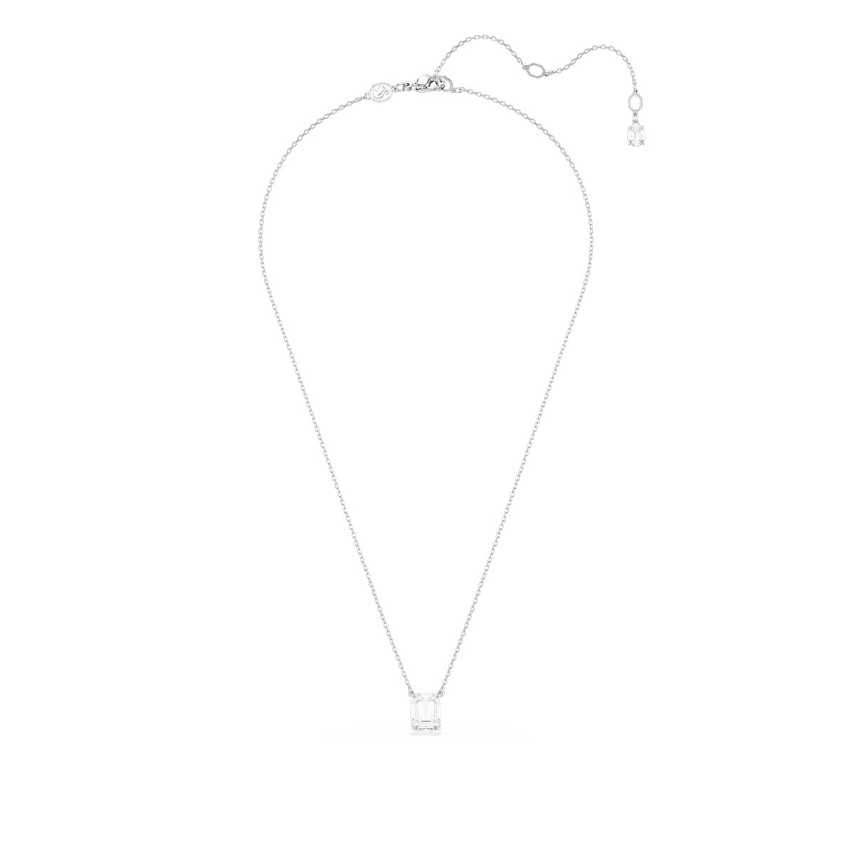 Swarovski Stilla Emerald Cut White Crystal Solitaire Necklace in White Rhodium Plating front view